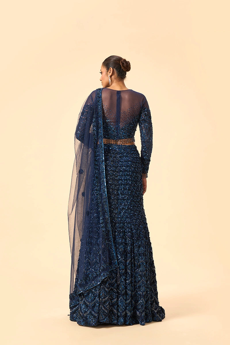 Electric Blue Katdana & Sequin Embellished Net Lehenga Set