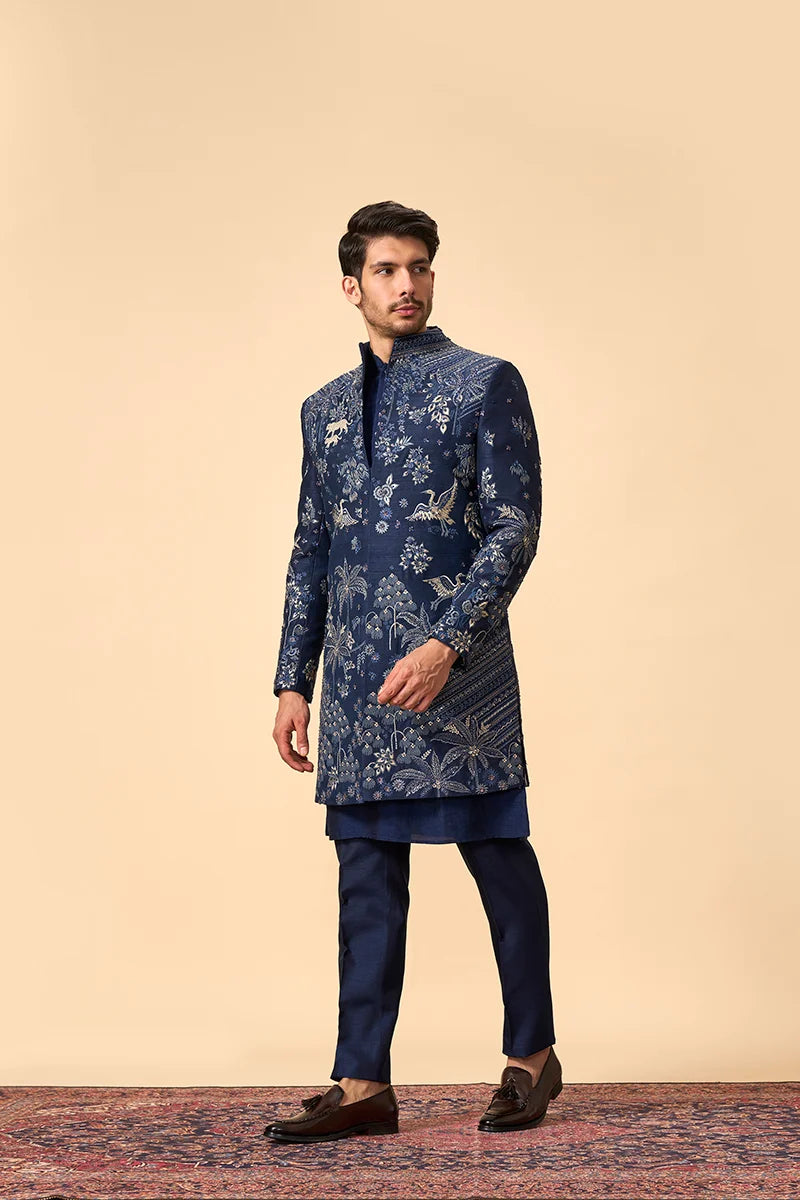 Royal Blue Zardosi Embroidered High-Neck Indo-Western Set