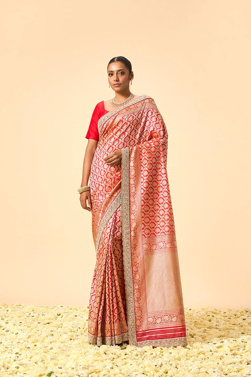 Red Banarasi Silk Saree with Intricate Pita, Zardosi, Sequin & Pearl Work