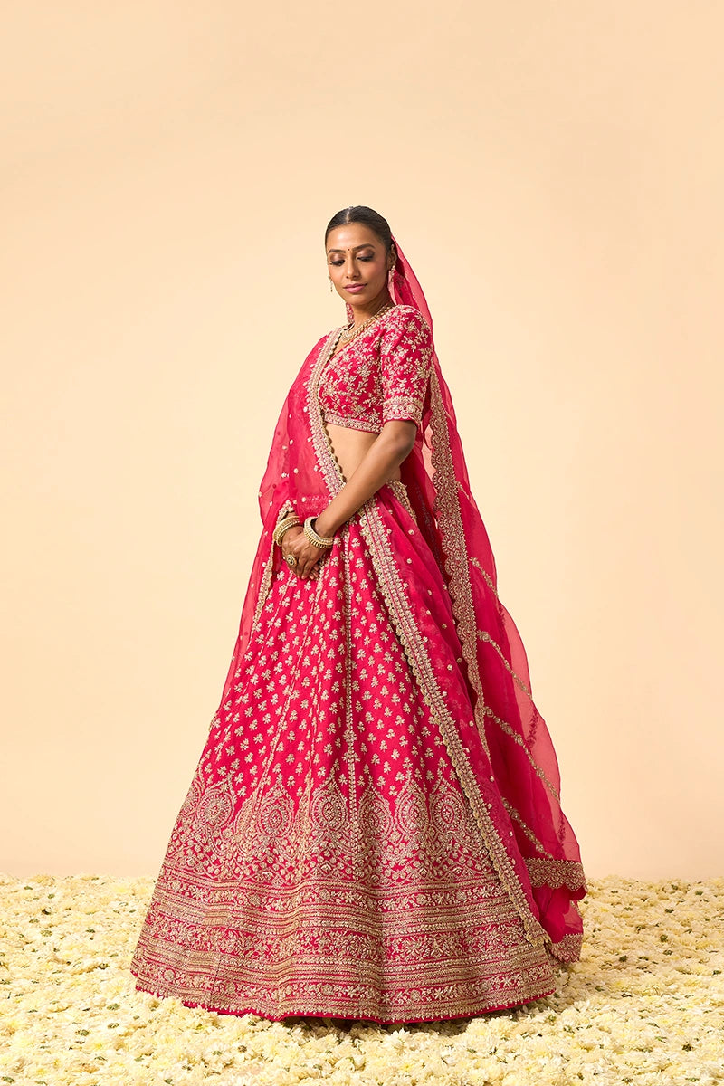 Pink Dupion Silk Bridal Lehenga with Heavy Zardosi & Sequin Work
