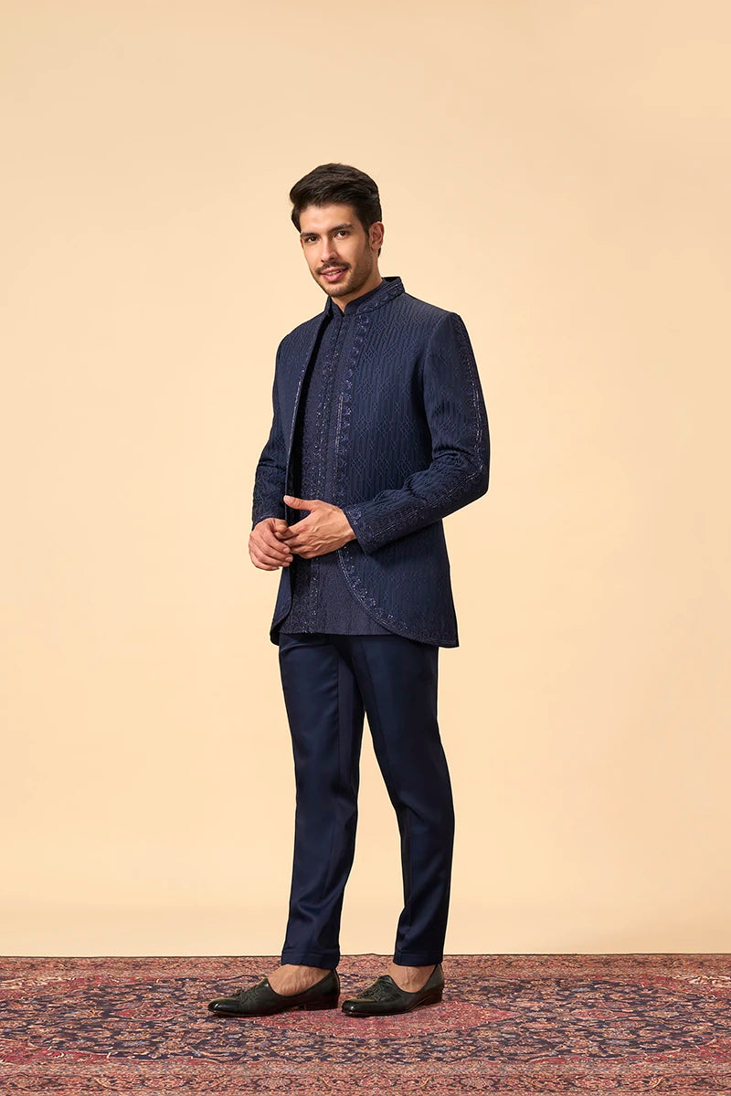 Blue Resham Katdana Embroidered Indo-Western Jacket Set