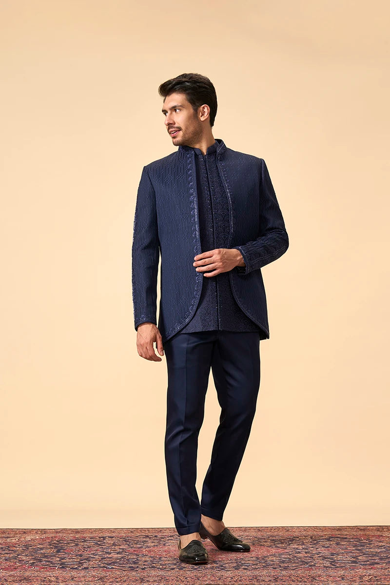 Blue Resham Katdana Embroidered Indo-Western Jacket Set