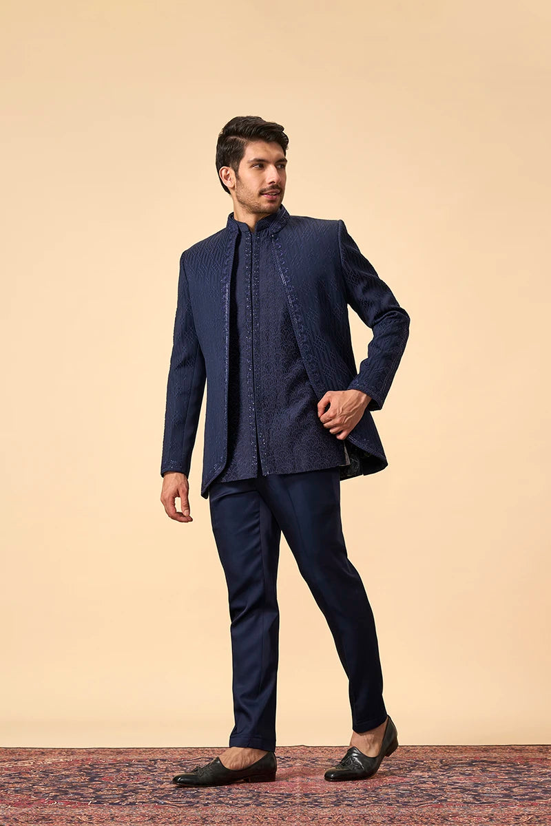 Blue Resham Katdana Embroidered Indo-Western Jacket Set