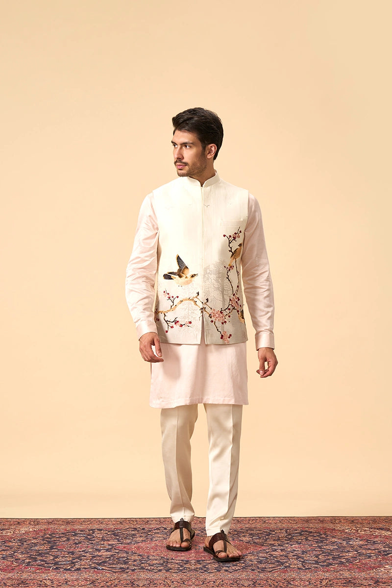 Off-White & Blush Pink Embroidered 3-Piece Kurta Jacket Set
