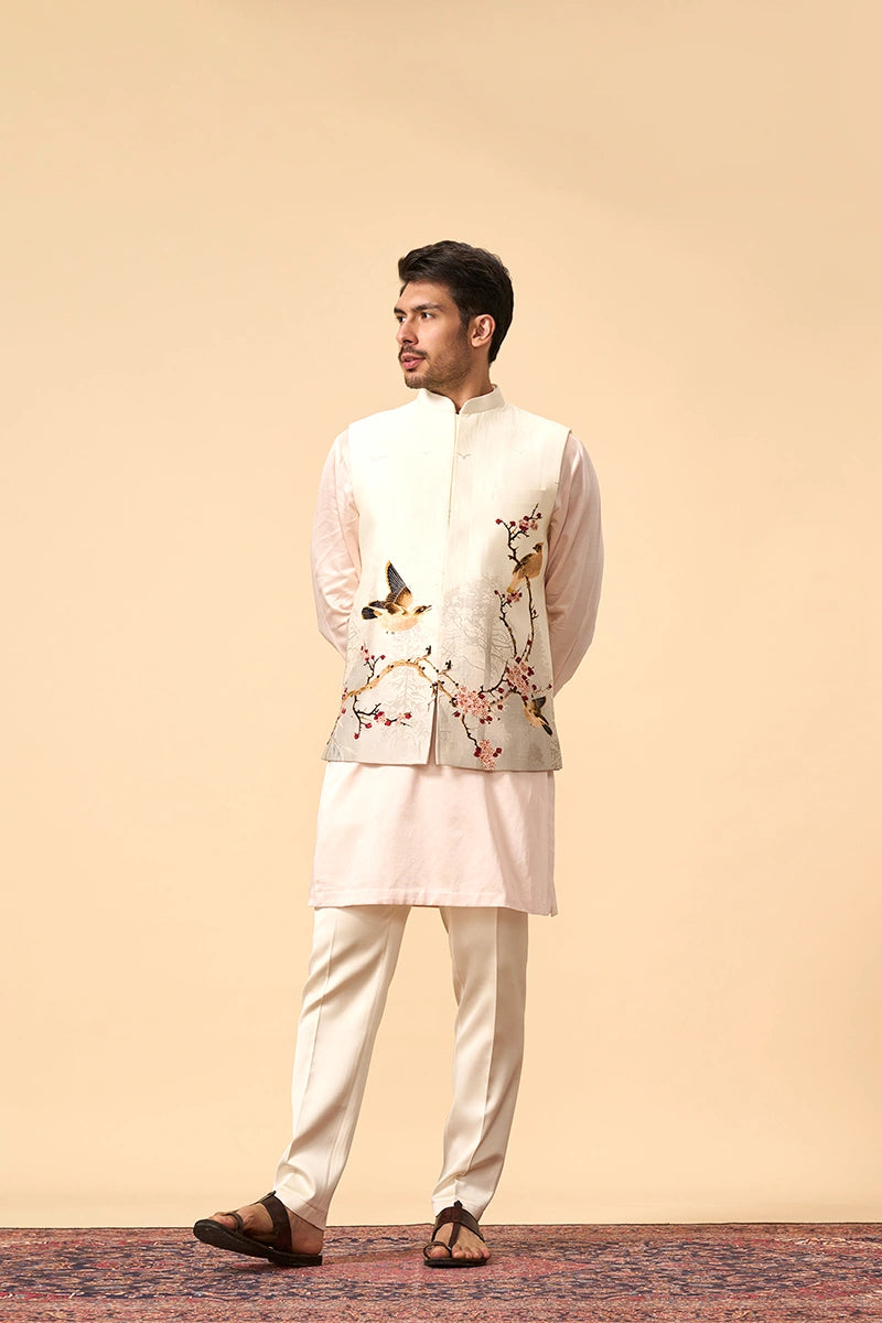 Off-White & Blush Pink Embroidered 3-Piece Kurta Jacket Set