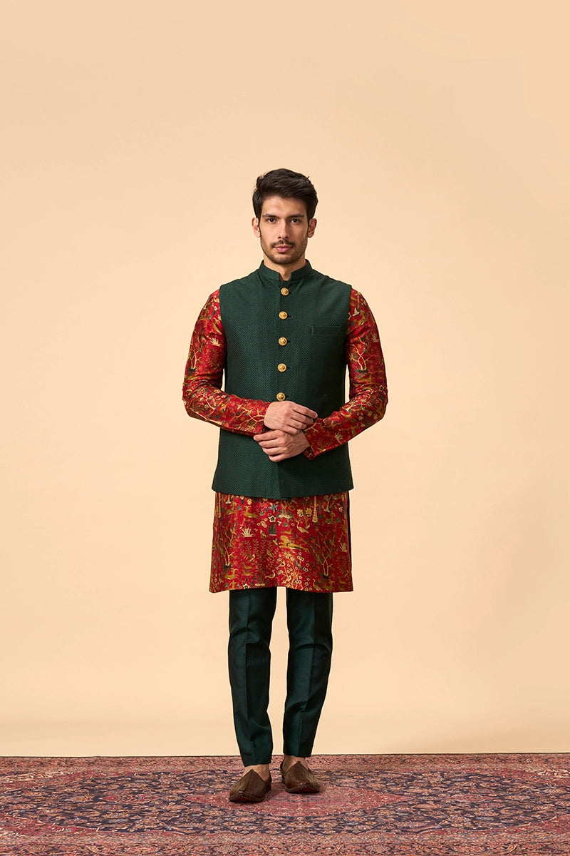 Green Quilted Jacket Set with Printed Kurta set