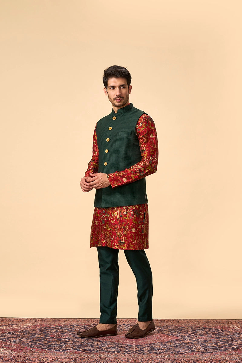 Green Quilted Jacket Set with Printed Kurta set