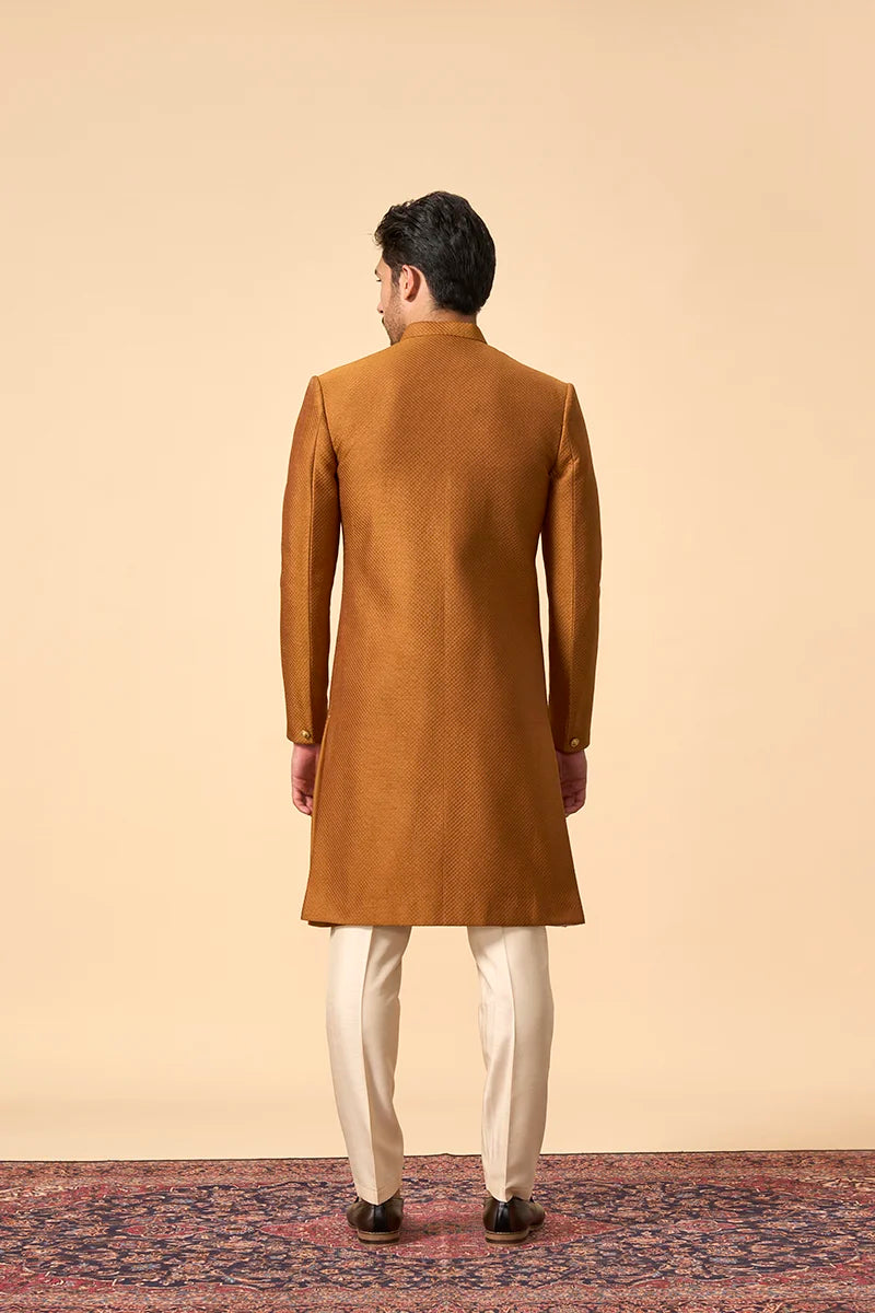 Rust Quilted Silk Sherwani with Embellished Dupatta