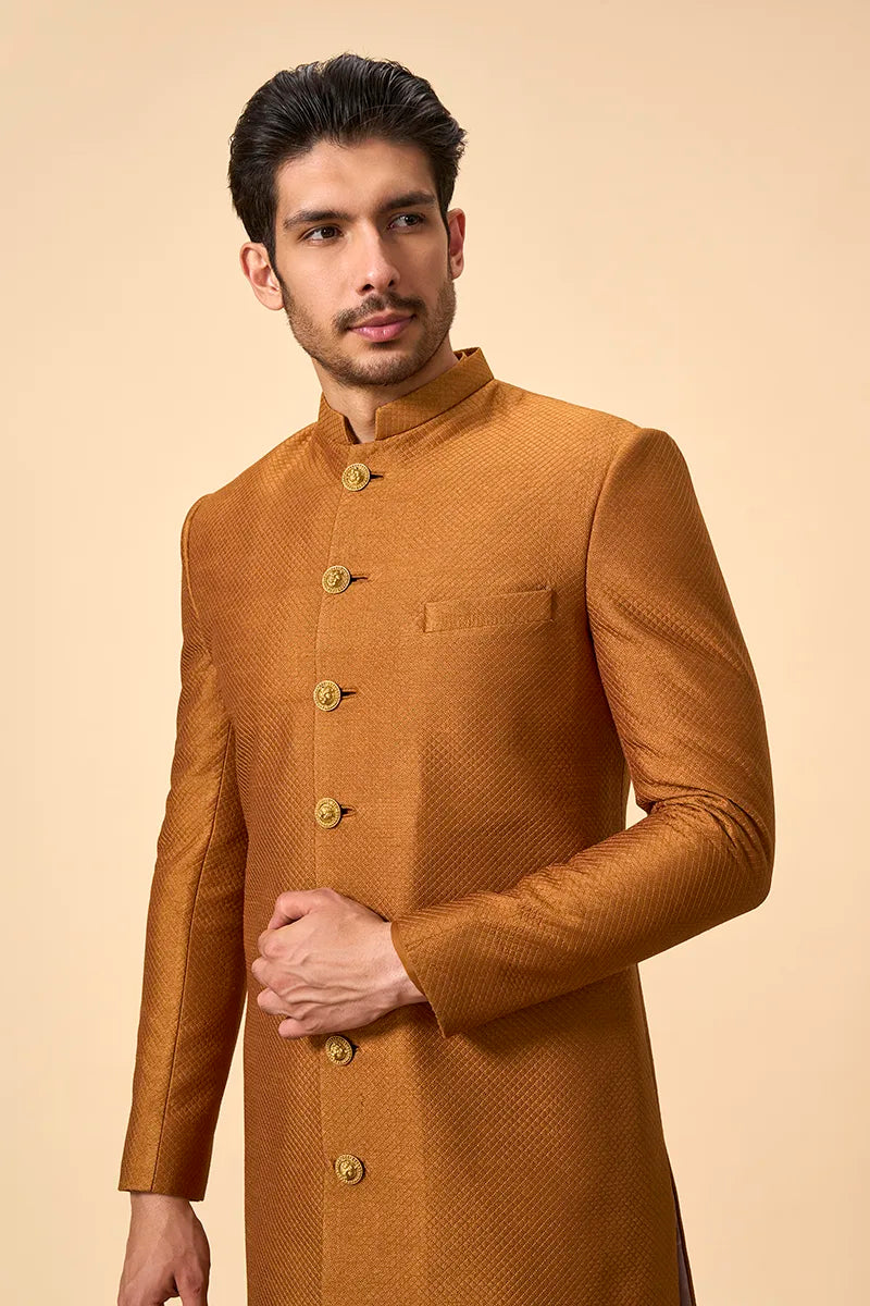 Rust Quilted Silk Sherwani with Embellished Dupatta
