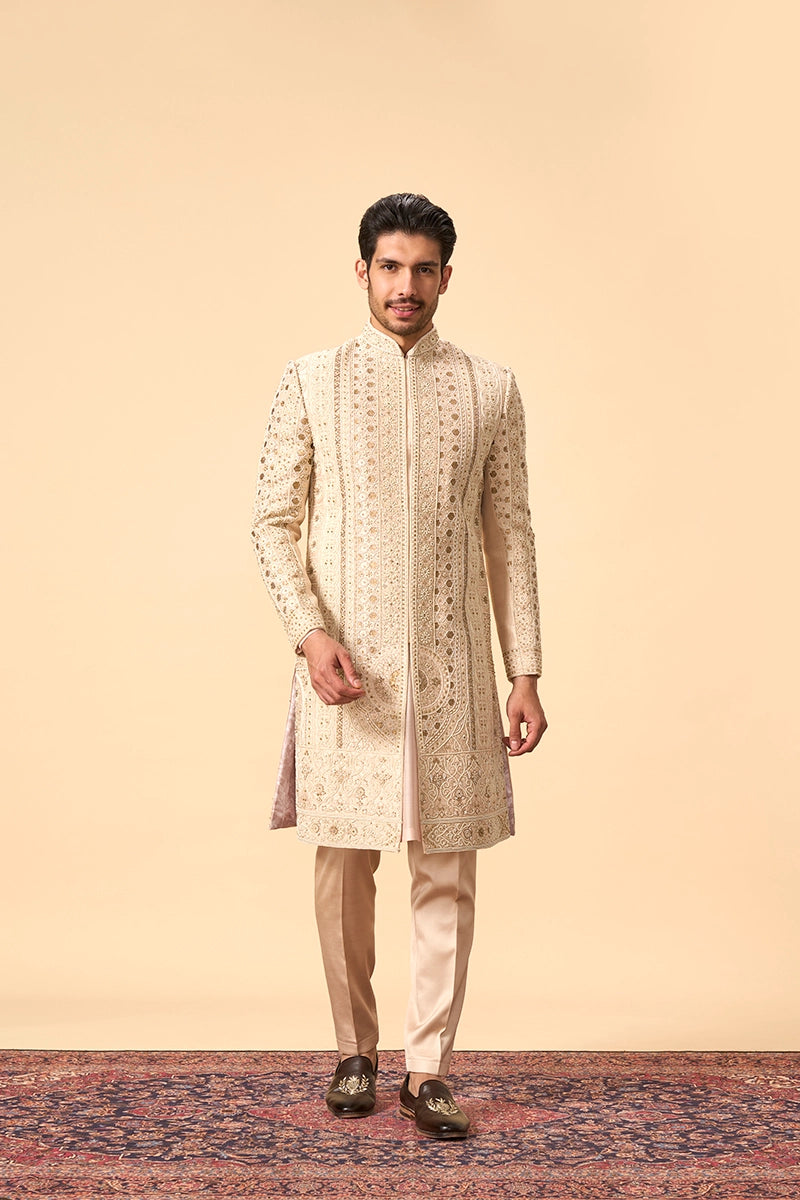 Beige embroidered sherwani