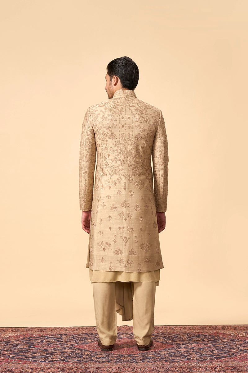 Golden Groom Sherwani with Handcrafted Embroidery & Zari Dupatta