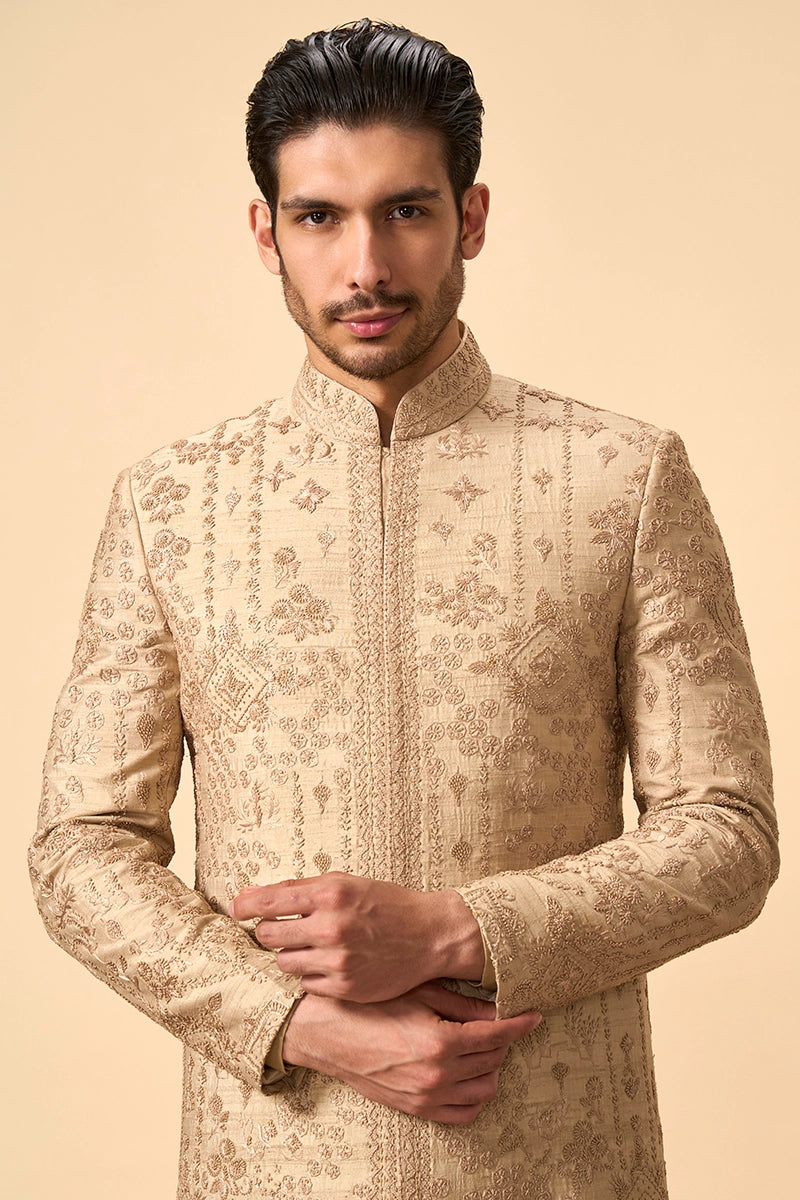 Golden Groom Sherwani with Handcrafted Embroidery & Zari Dupatta