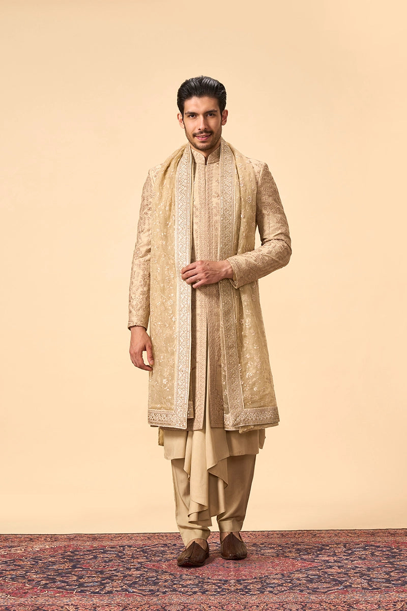 Golden Groom Sherwani with Handcrafted Embroidery & Zari Dupatta