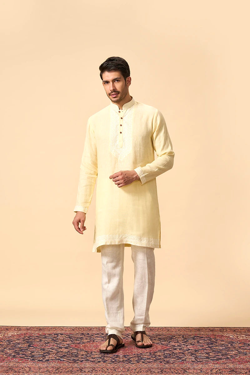 Lemon Yellow Linen Kurta with Intricate White Thread Embroidery