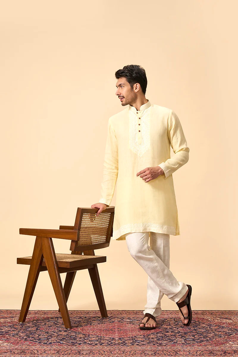Lemon Yellow Linen Kurta with Intricate White Thread Embroidery