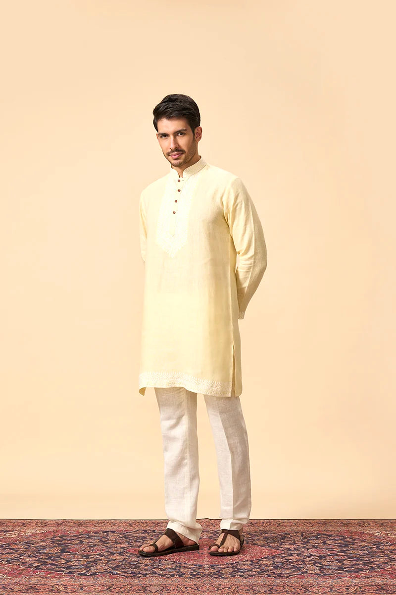 Lemon Yellow Linen Kurta with Intricate White Thread Embroidery