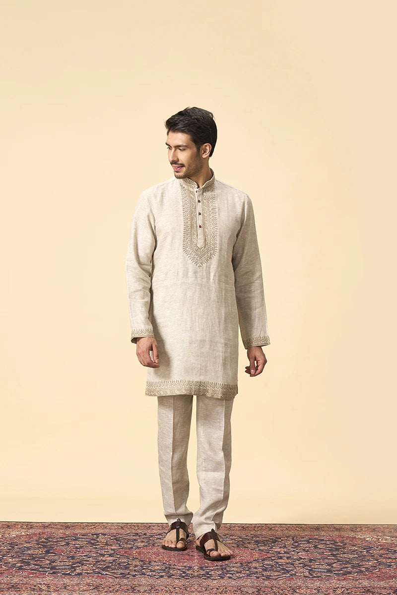 Elegant Natural Linen Kurta with Intricate Thread Embroidery
