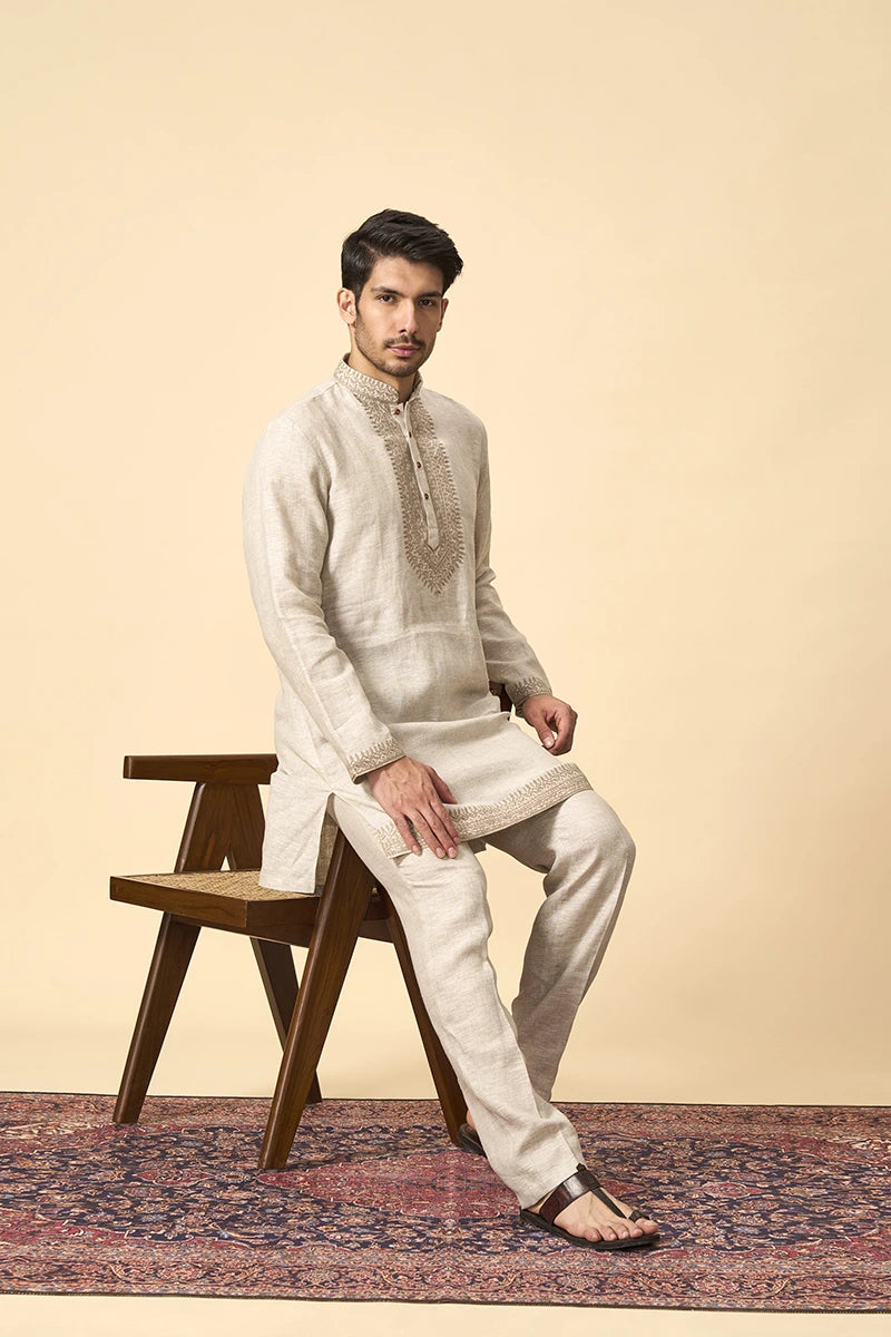 Elegant Natural Linen Kurta with Intricate Thread Embroidery