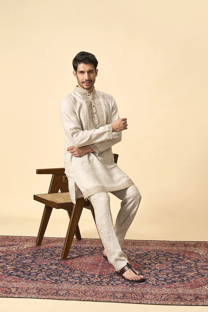 Elegant Natural Linen Kurta with Intricate Thread Embroidery