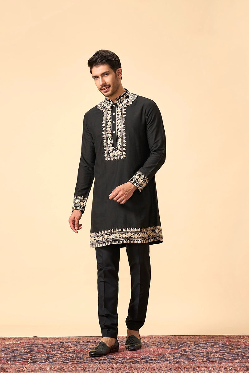 Regal Black Embroidered Kurta with Detailed Neck and Hem Work