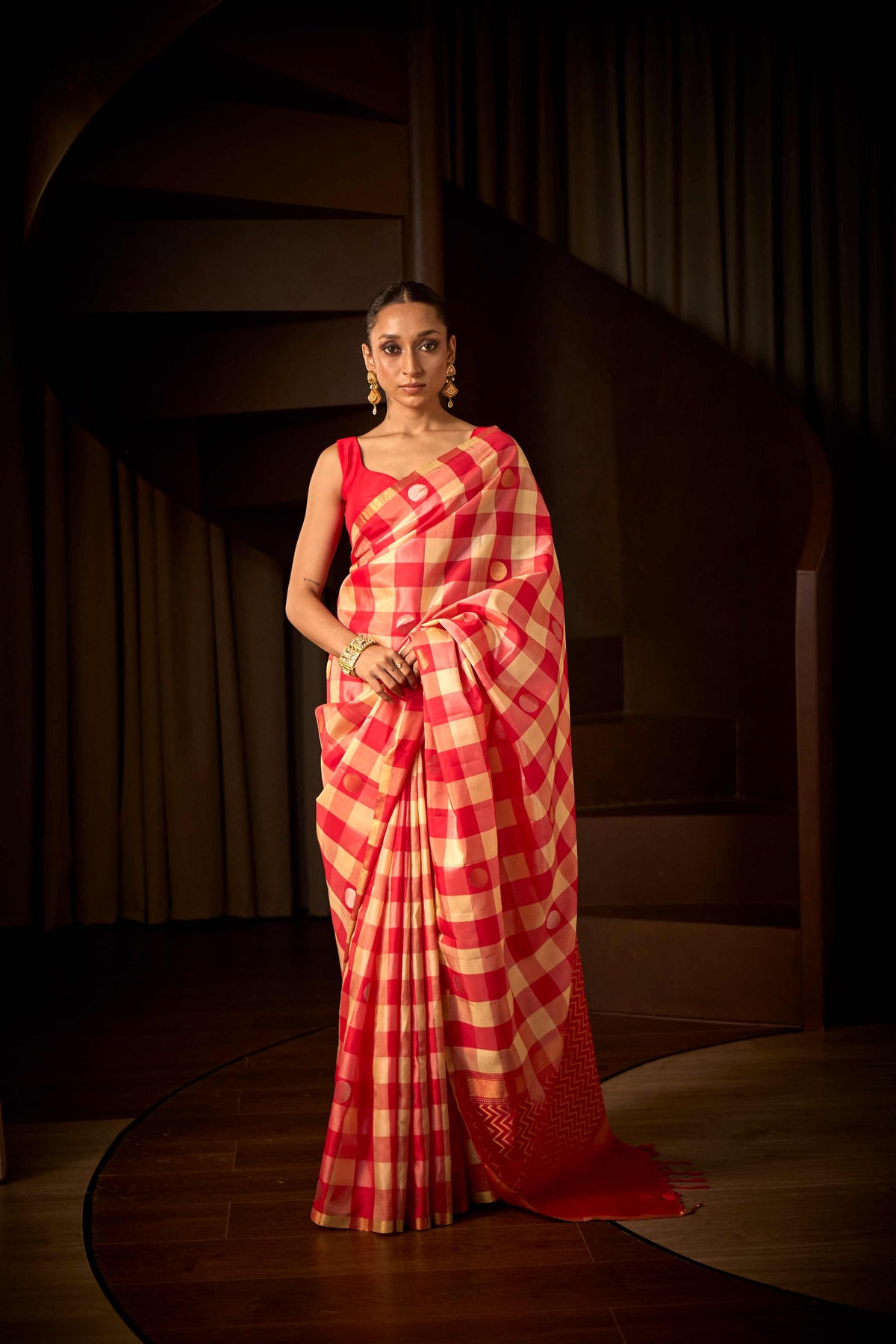 Red Handwoven South Silk Saree with Checkered Weave & Polka Motifs