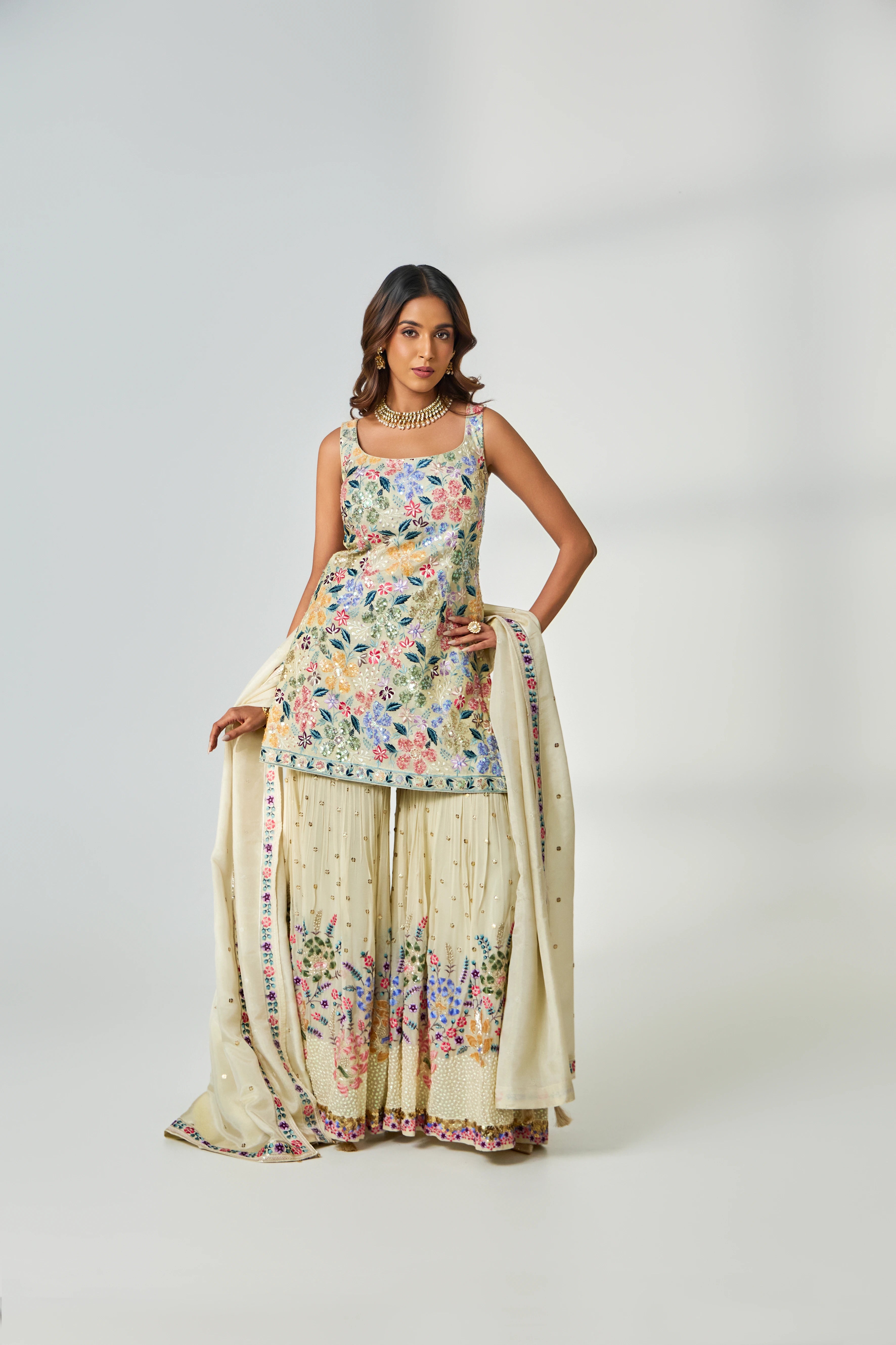Ivory Sleeveless Sharara Set