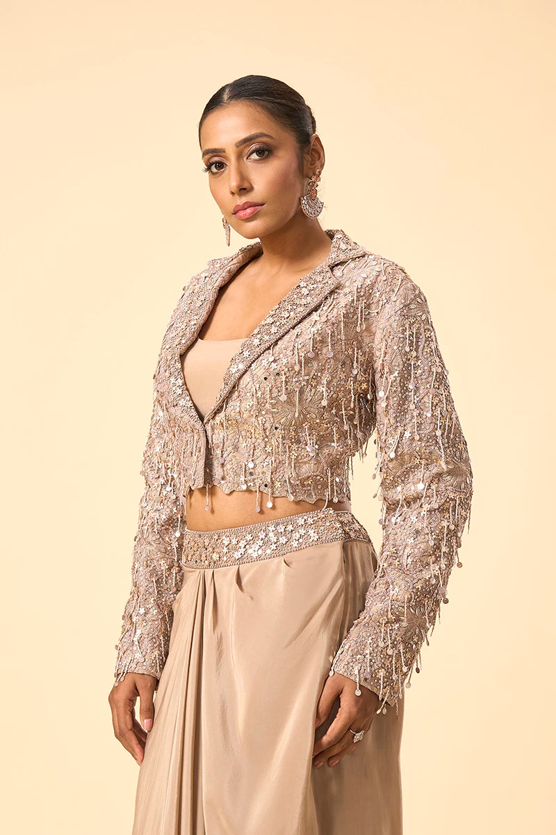 Embellished Crop Jacket with drape skirt