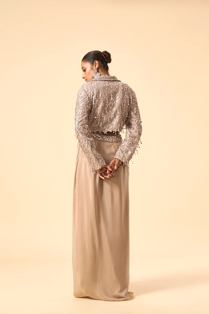 Embellished Crop Jacket with drape skirt