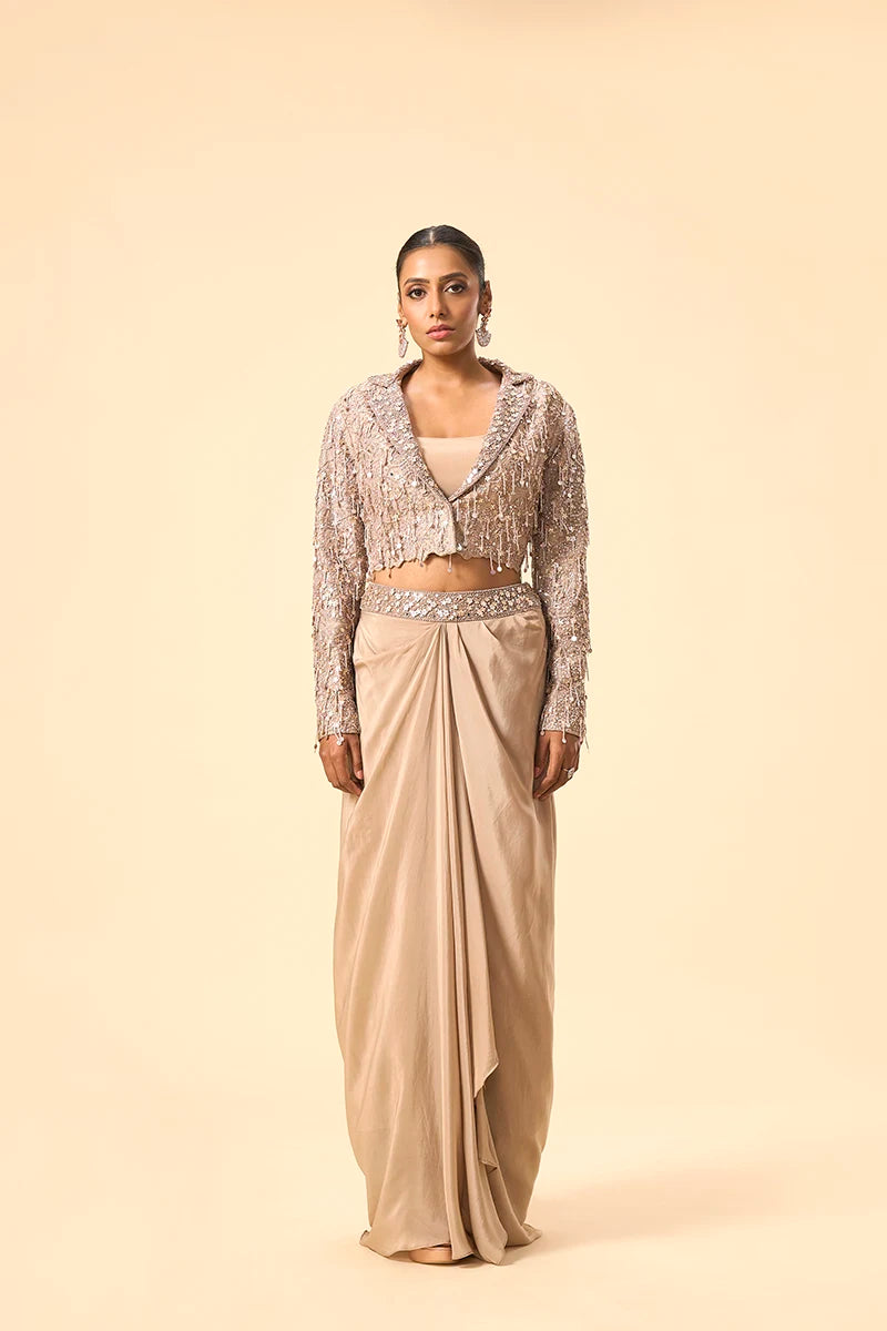 Embellished Crop Jacket with drape skirt