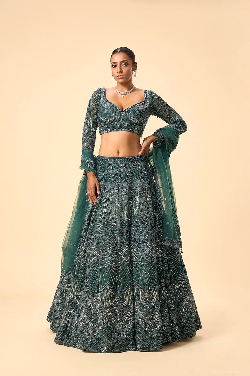 Emerald Green Sequin & Katdana Embroidered Lehenga.