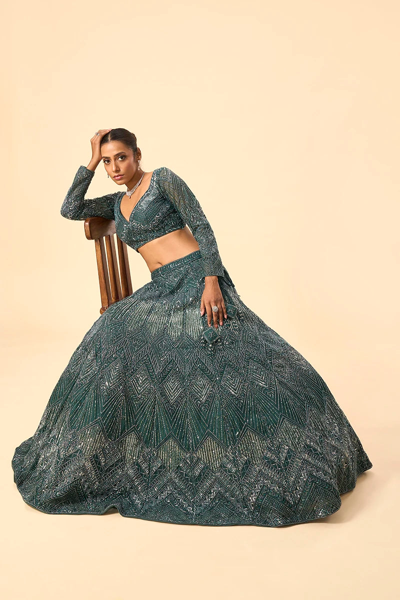 Emerald Green Sequin & Katdana Embroidered Lehenga.