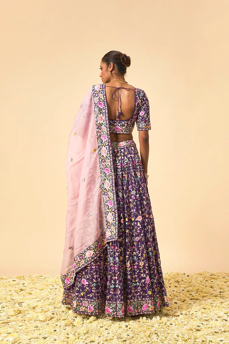 Floral Parsi Gara Embroidery Lehenga Set