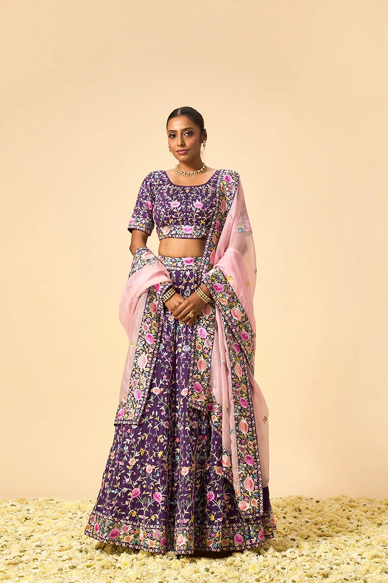 Floral Parsi Gara Embroidery Lehenga Set