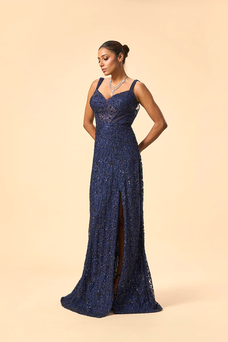 Midnight Blue Sequin Embellished Slit Gown with Katdana and Stone Work on Net Fabric