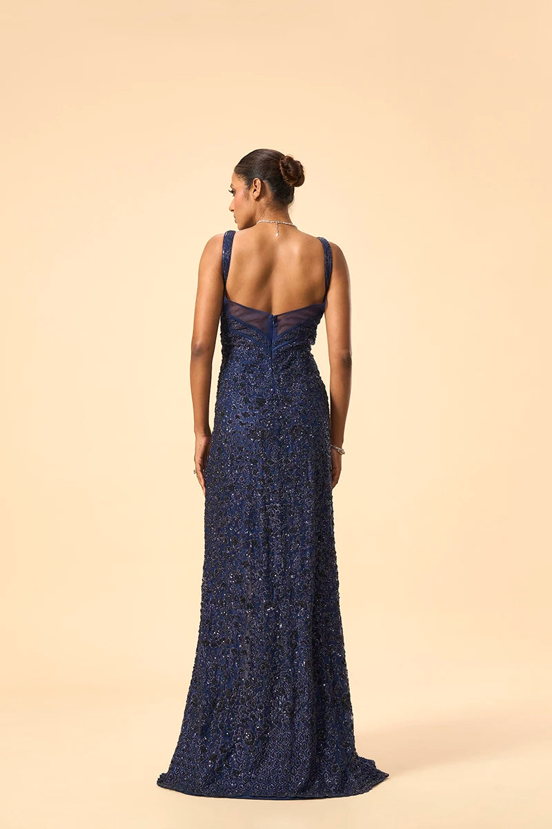 Midnight Blue Sequin Embellished Slit Gown with Katdana and Stone Work on Net Fabric