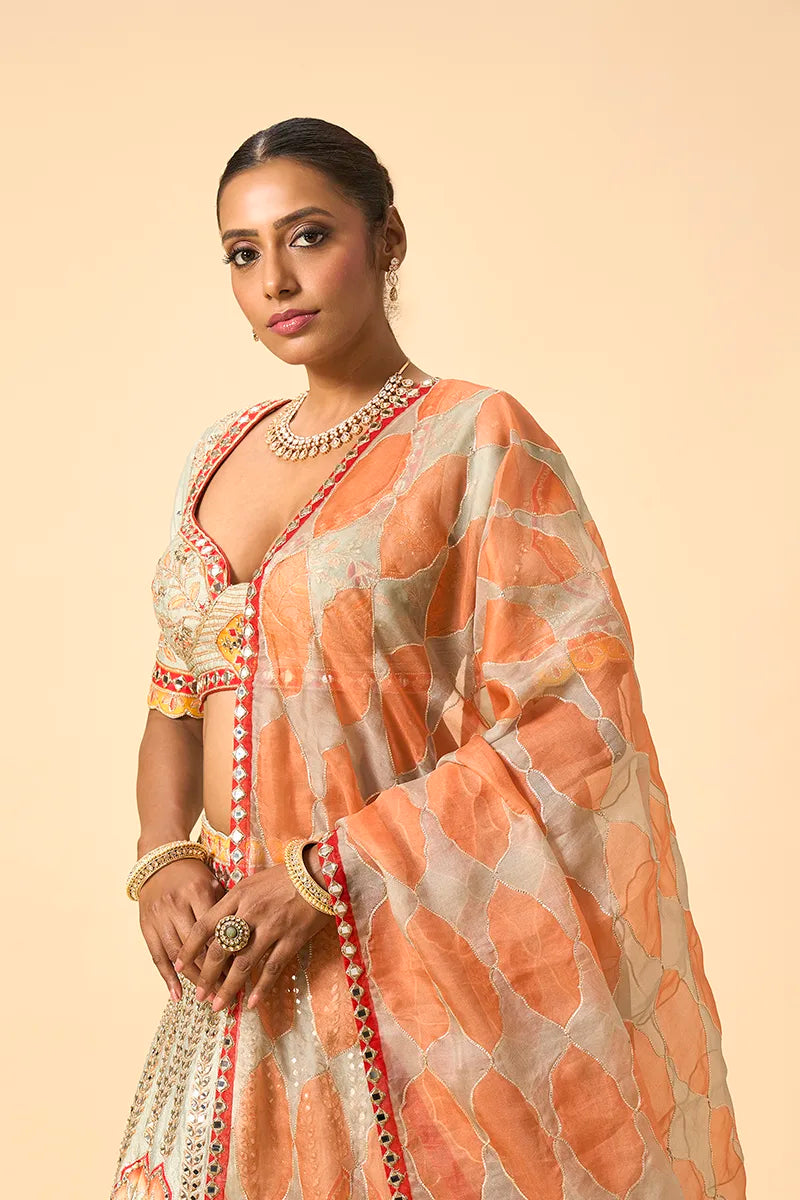 Multicolor Hand-Brushed Digital Printed Raw Silk Lehenga Set