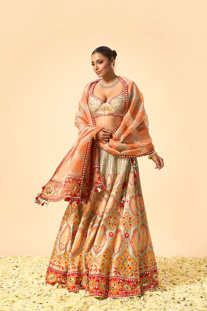 Multicolor Hand-Brushed Digital Printed Raw Silk Lehenga Set