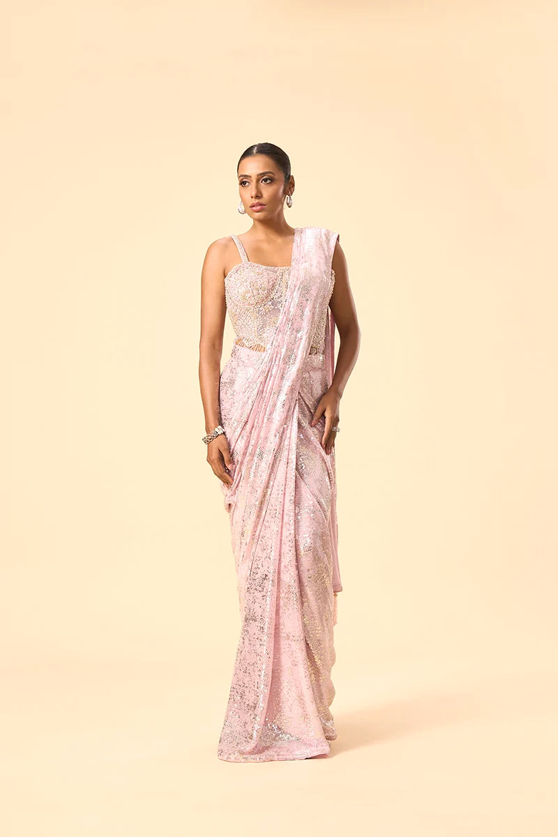 Pink Foil Printed Sequin Saree with Corset Blouse
