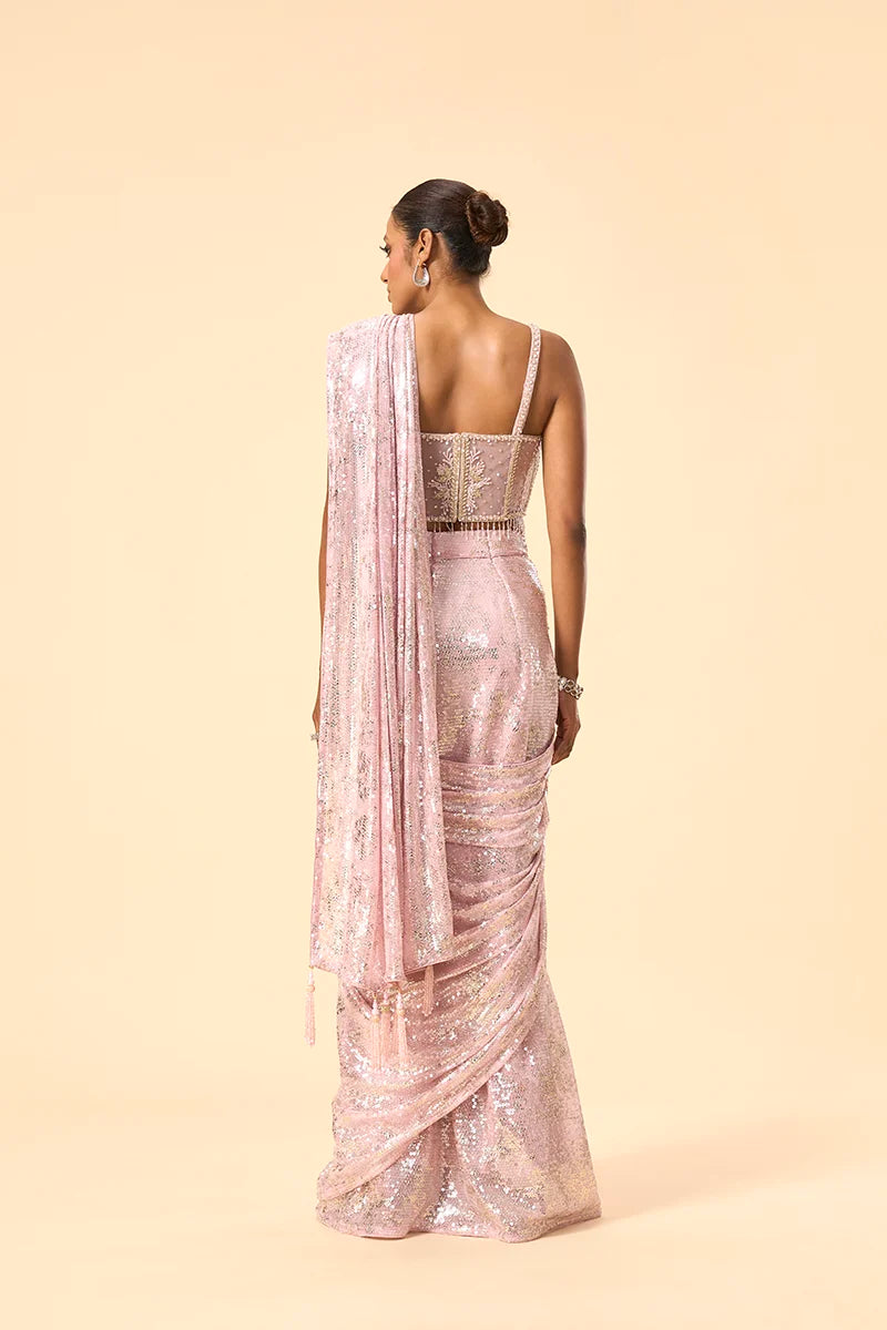 Pink Foil Printed Sequin Saree with Corset Blouse