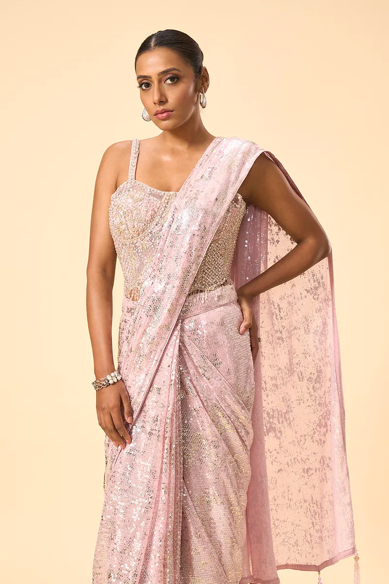 Pink Foil Printed Sequin Saree with Corset Blouse