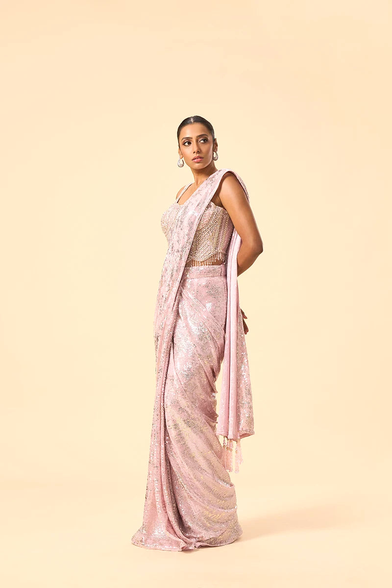 Pink Foil Printed Sequin Saree with Corset Blouse