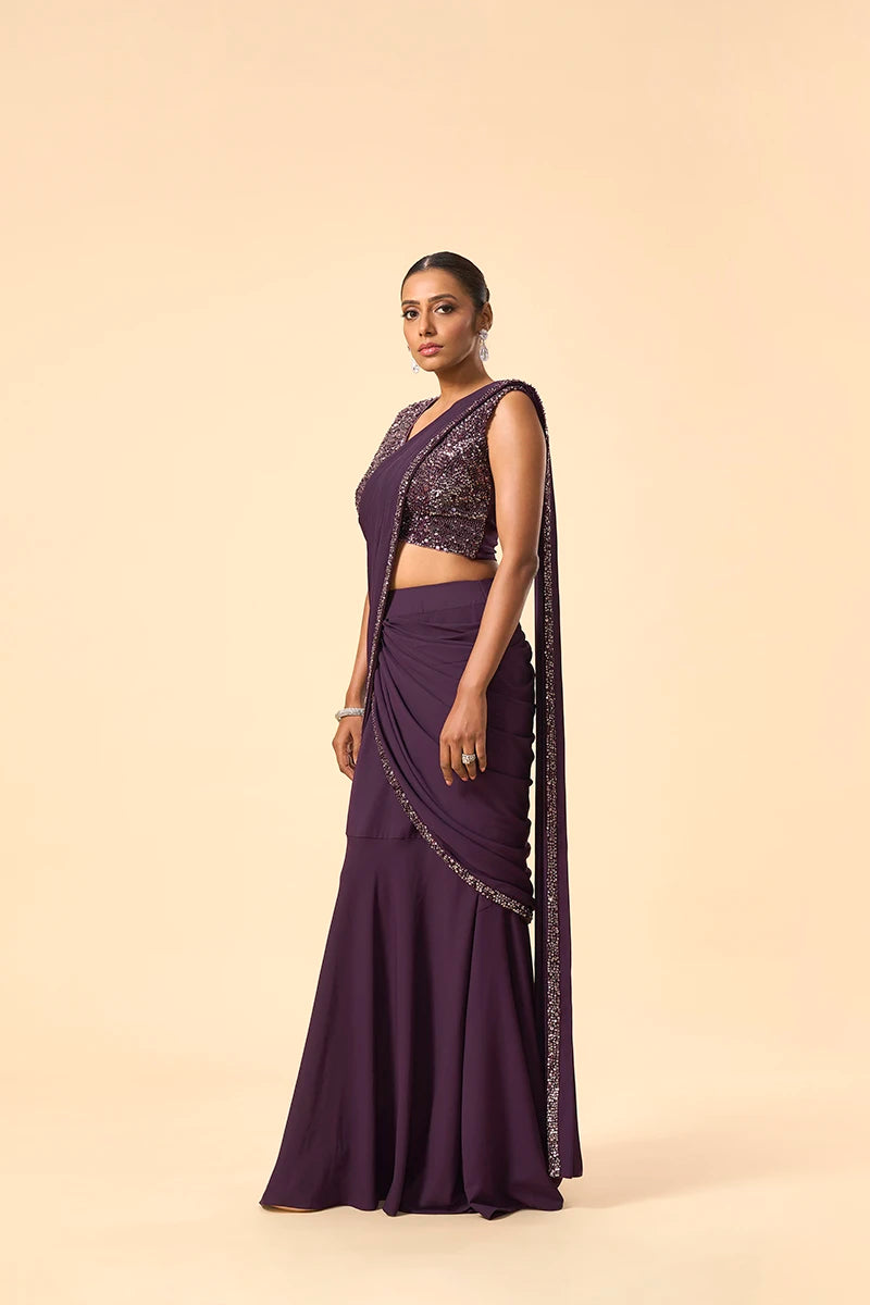 Purple Sequin Pre-Draped Saree