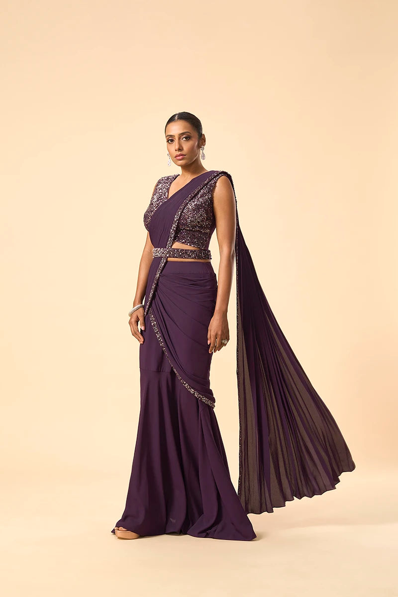 Purple Sequin Pre-Draped Saree