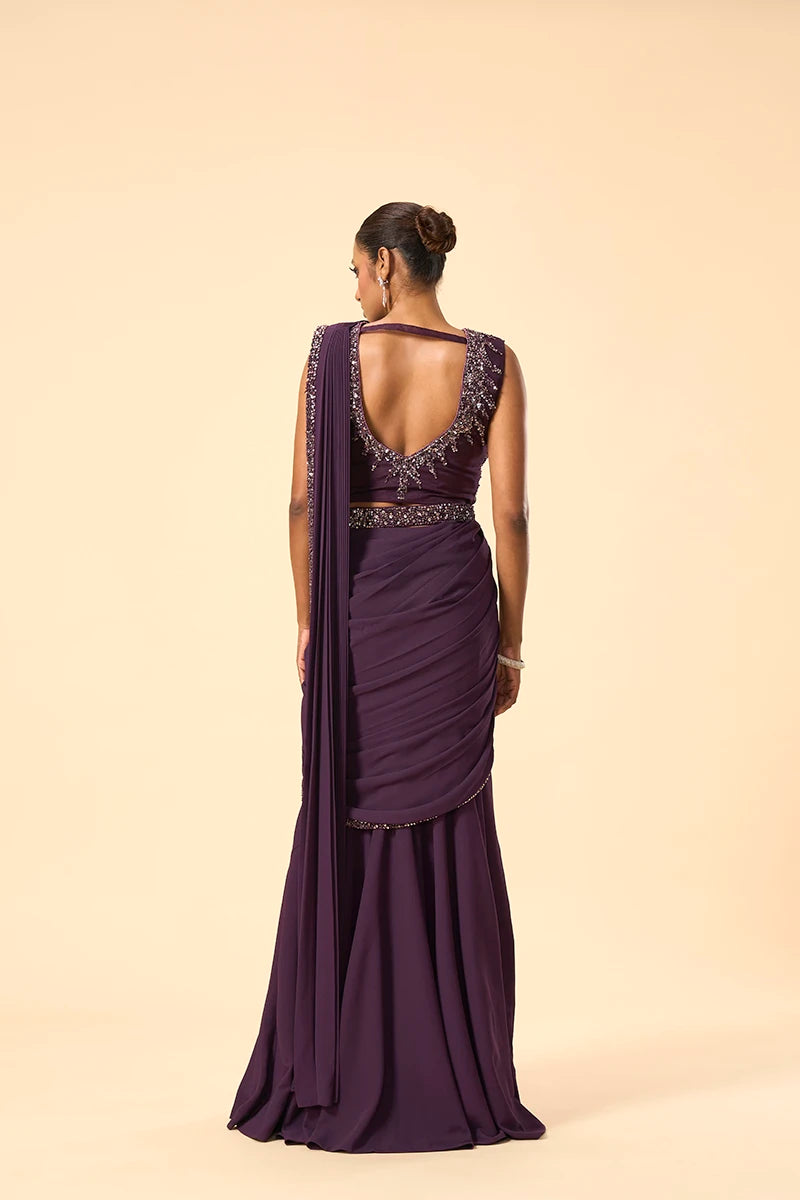 Purple Sequin Pre-Draped Saree