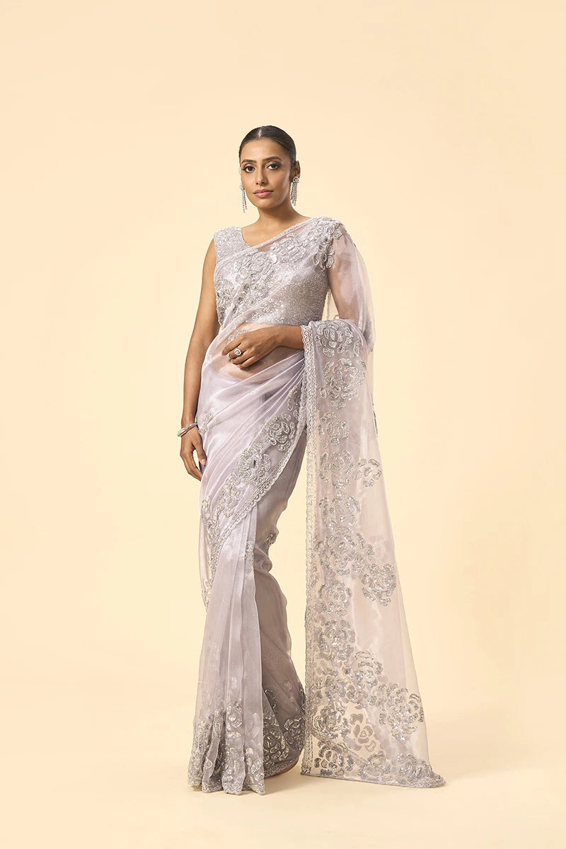 Silver Shimmer Glass Tissue Saree