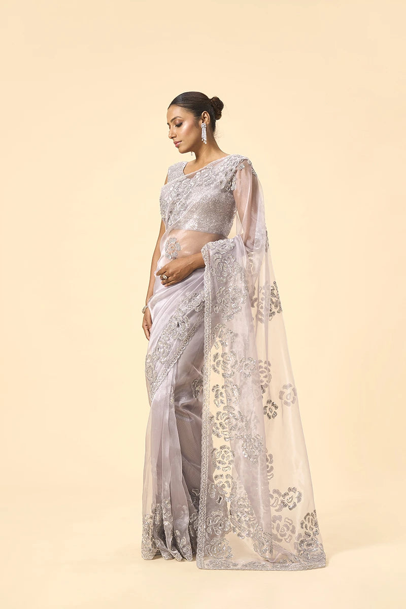 Silver Shimmer Glass Tissue Saree
