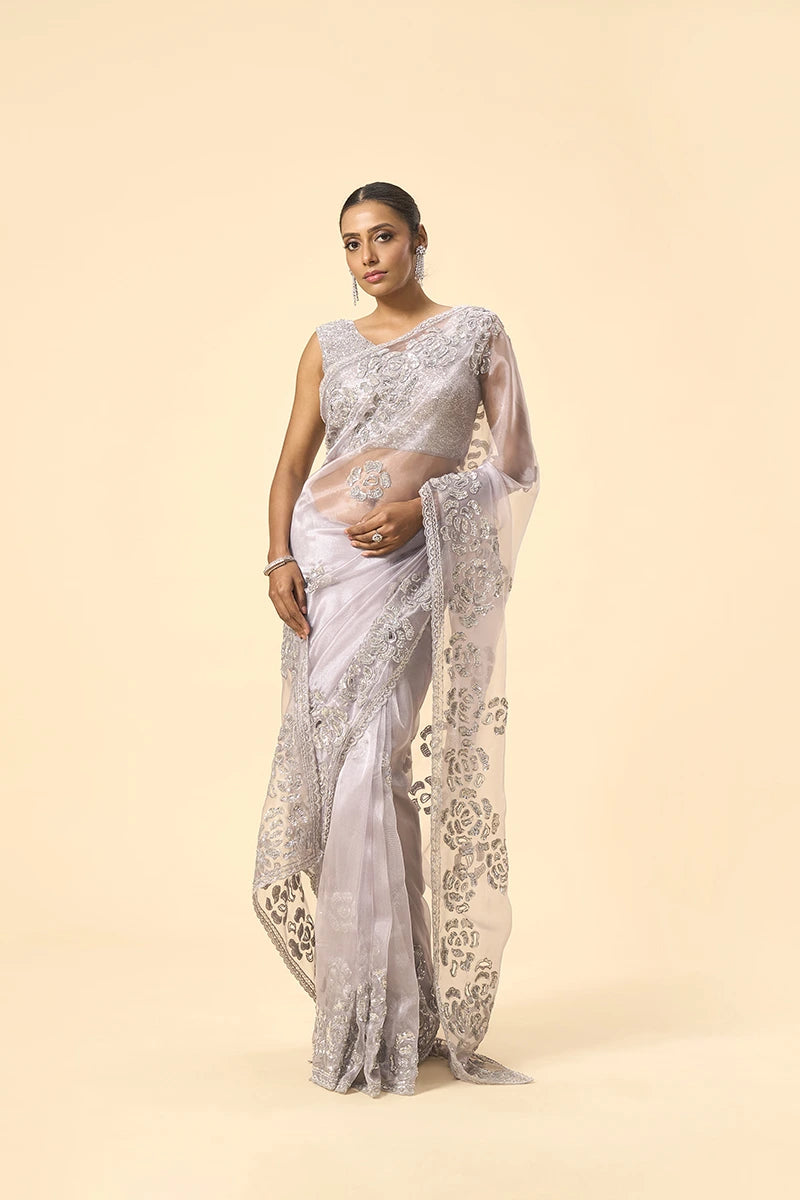 Silver Shimmer Glass Tissue Saree