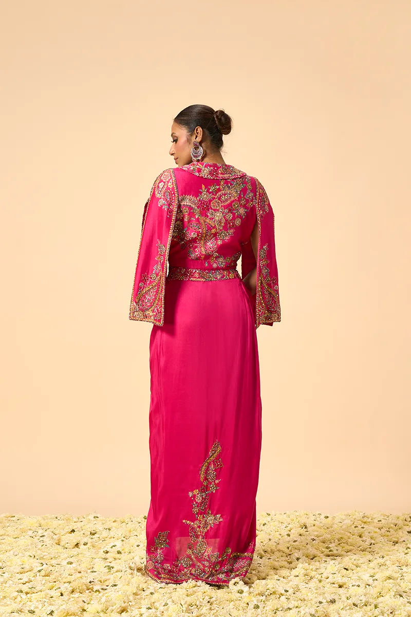Vibrant pink Crop Jacket and Drape Skirt Set