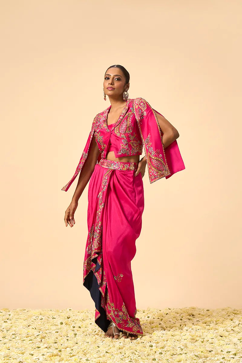 Vibrant pink Crop Jacket and Drape Skirt Set