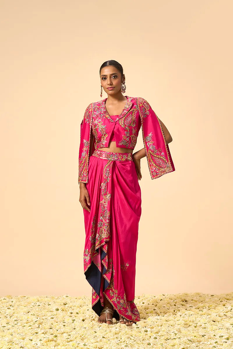 Vibrant pink Crop Jacket and Drape Skirt Set